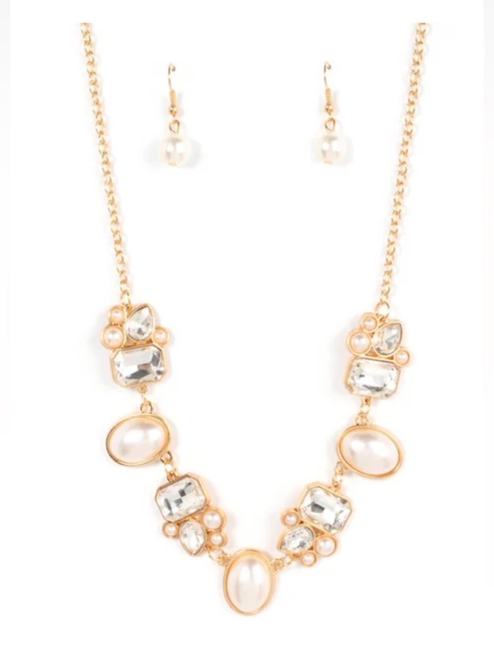 Swoon Worthy Gold Pearl & Crystal Statement Necklace with Earrings New